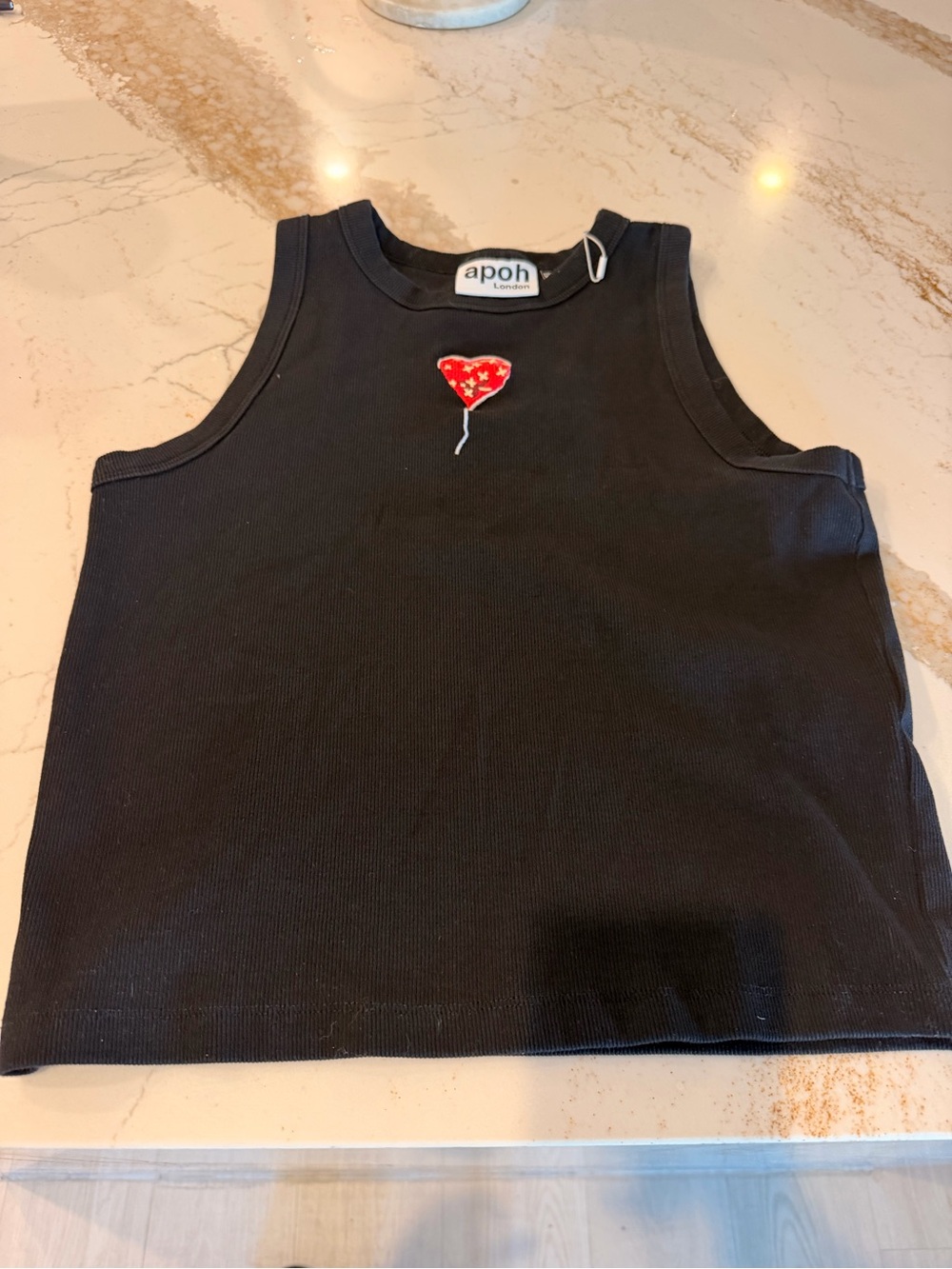 Apoh Black Tank Top with Red Heart Balloon Patch